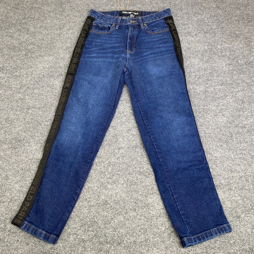 Karl Lagerfeld Paris Womens Logo Tape Side Stripe Straight Leg Jeans Blue Size 4